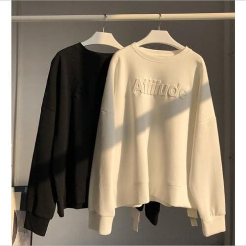 2020 Spring Autumn New Korean Loose Fashion White 3D Letter Sweatshirt Women Round Neck Pullover Drop Shoulder Sleeve Casual Top