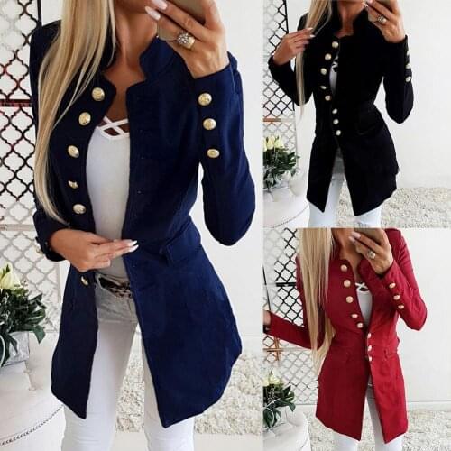 Dropshipping Women Solid Color Stand Collar Long Sleeve Slim Fit1 Single Breasted Long Coat