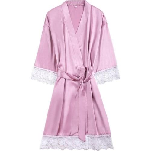 Women Sexy Silk Dressing Elegant Lace With Belt Pink And White Bath Robe Femme Nightwear Sexy Solid Color Female Bathrobes