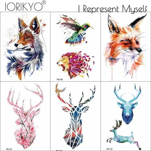 IORIKYO 3D Womens Fashion Watercolor Elk Temporary Tattoo Women Arm Stickers Geometric Animals Flash Tatoos Flower Moose Tattoo