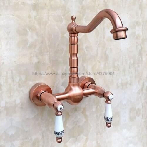 Antique Red Copper Bathroom Basin Faucet Wall Mounted Double Handle Swivel Spout Hot and Cold Mixer Faucet Nrg032