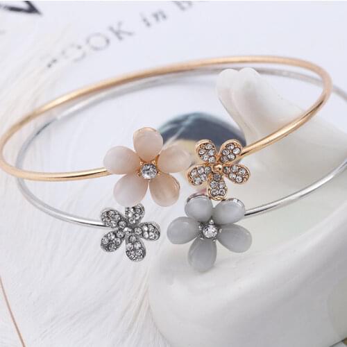 Classic Luxury Trendy Women Crystal Double Five Leaf Indian Flower Cuff Bracelet Bangle Charm Stainless Steel Jewelry Gift