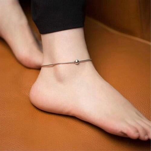 Whole 100% Real 925 Sterling Silver Exquisite Anklets with Glossy Silver 7mm Bead Pendant Snake Chain Summer Ankle Modification