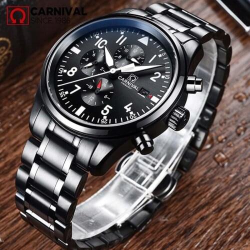 CARRIVAL Pilot Series Black Mens Watches Top Brand Luxury Automatic Mechanical Watches Men Watch Male Clock Reloj Hombre 8592