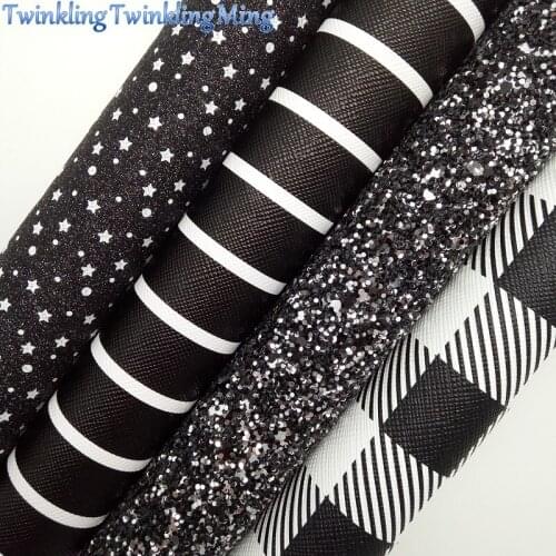 BLACK Glitter Fabric, Tartan Faux Fabric, Stripes Synthetic Leather Fabric Sheets For Bow A4 21x29CM Twinkling Ming XM862