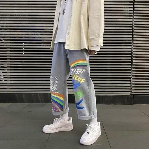 Rainbow print Jeans Straight Tube loose autumn pants Korean Trend graffiti Capris for men and women cargo pants men overalls