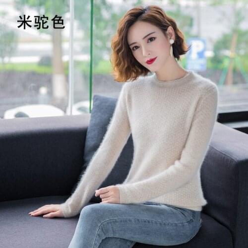 European and American fashion womens hollow round neck 100% mink sweater solid color knitted bottoming pullover mink cashmere