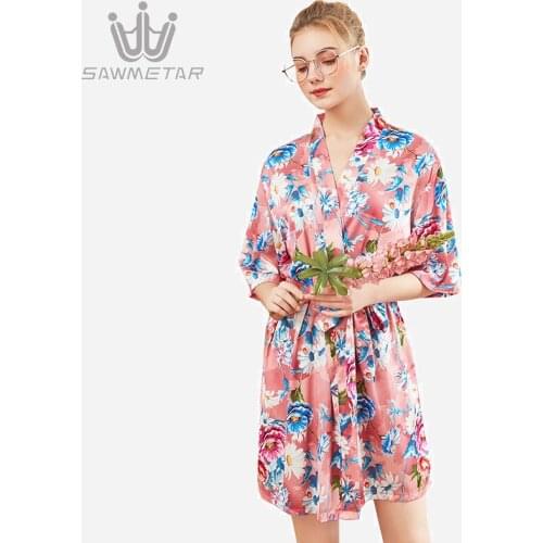 Faux Silk Robe Satin Wedding Bride Robe Bridesmaid Robes Women Sexy Print Bathrobe Women Summer Sexy Pajamas Kimono