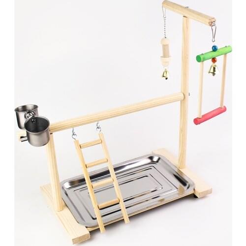 Parrot Playstand With Swing Parrot Leg Ring Chain Bird Play Stand Cockatiel Playground Feeder Cups Wood Playpen Play Tray HW192