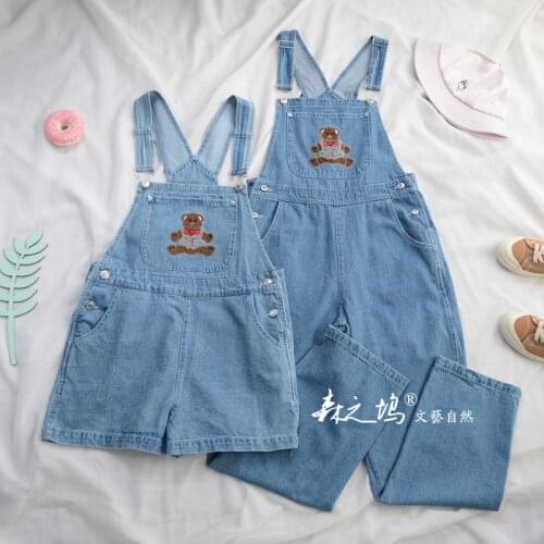 Cute Bear Embroidery Womens Denim Jumpsuit Suspender Straps Trousers Overall Shorts Kawaii Girl Loose Pants