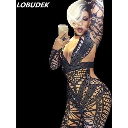 Black Crystals Jumpsuits Outfit Female costumes performance DJ DS show sexy Singer Dance Nightclub stage bar slim star prom