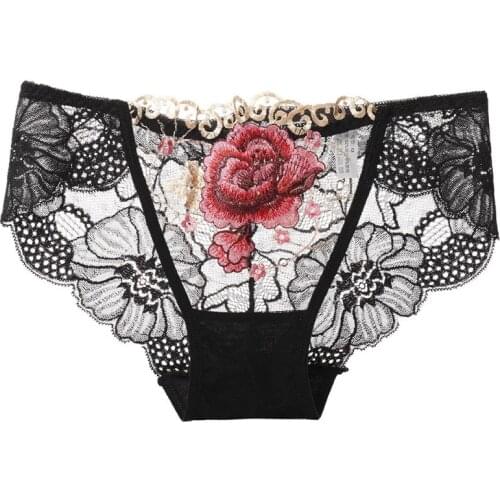 Girl Lace Mesh Panties Sexy Ladies Mid-Rise Underwear Briefs Floral Embroidery Briefs Seamless Female Underwear