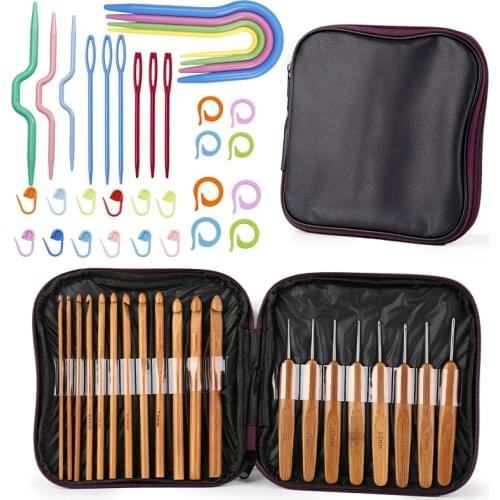 LMDZ 20pcs Stainless Steel Needles Crochet Hooks Circular + Wood Bamboo Knitting Needles Tools for Yarn DIY Crafts Kit Set
