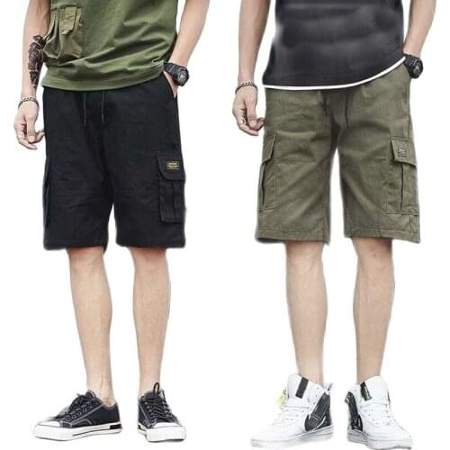 Mens Summer Casual Shorts Cotton Knee Length Male Short Cargo Pants Sports Bermuda Mens clothing 2021 Loose Mid Elastic Waist