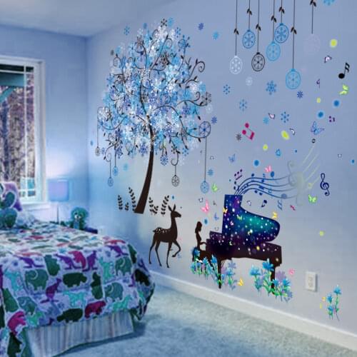 [SHIJUEHEZI] Deer Tree Wall Stickers DIY Cartoon Girl Piano Wall Decals for House Kids Rooms Baby Bedroom Nursery Decoration
