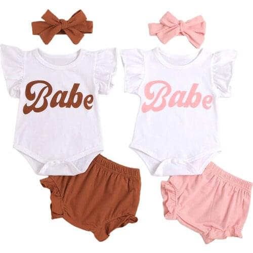 Three Piece Baby Girl’s Clothes Fashion Letter Fly Sleeve Romper and Solid Color Shorts with Headband