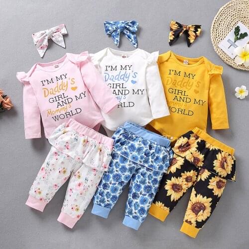 Newborn Infant Baby Girl Floral Outfit Long Sleeve Cotton Top T-Shirt+Sunflower Print Pants 3Pcs Newborn Clothes Set 3M-18M