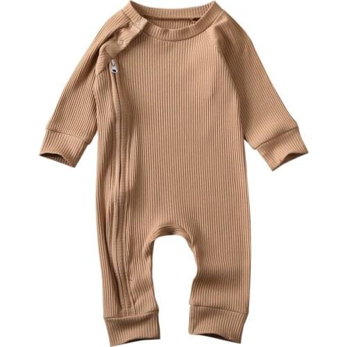 Infant Baby Girl Boy Solid Jumpsuit Long Sleeve Zipper Buttons Ribbed Jumpsuit Pure Cotton Jumpsuit Baby Round Neck Rompers