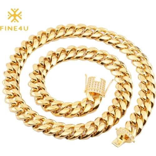 FINE4U N736 Cuban Link Necklace for Men Hip Hop Necklace Iced Out with Bling Cubic Zirconia Necklace for Hip Hop Jewelry