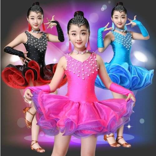 Velvet Latin Dance Dress For Girl Competition Children Ballroom Samba Kids Long Sleeves Salsa Tango Practice Wear Sequin Cha Cha