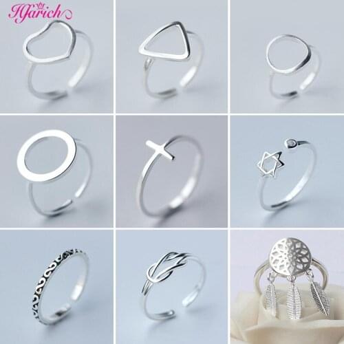 Simple Vintage Rings Adjustable Thai Silver Color Sign Engagement Wedding Star Heart Geometric Round Open Ring Jewelry for Women