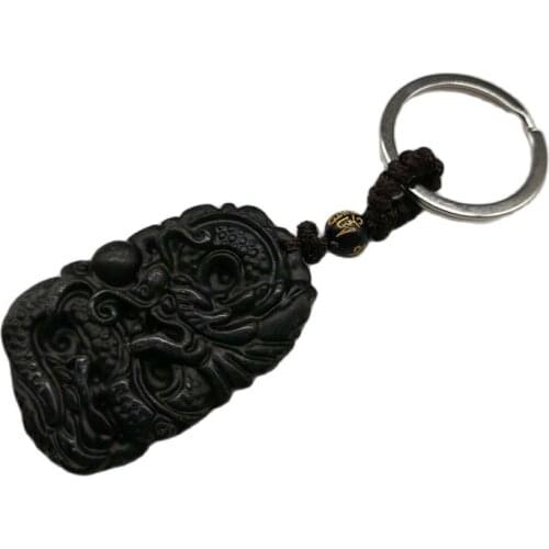 Drop Shipping Chinese jewelry Black Green Nephrite Carved Lucky Dragon keychain + Rope Necklace Fine Jade keychain