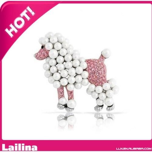 Rose Candy Poodle Dog Simulated Pink Crystal Simulated Pearl Brooch Pin