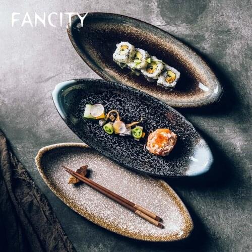FANCITY Boat-shaped fish plate Large-size creative ceramic plate Japanese-style dinner plate Long plate restaurant personality s