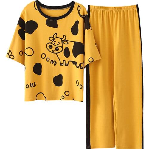 Spring Loungewear Women Crew Neck Pjs Women Homesuit Homeclothes Fashion Style Cartoon Printing Short Sleeve Long Pants Pj Set