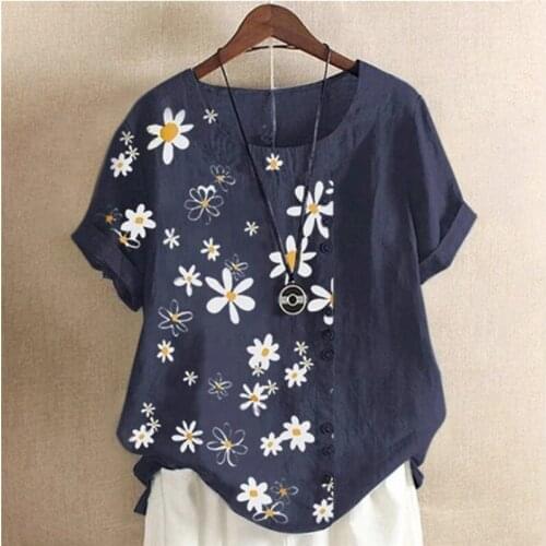 Women 2020 Summer Daisy Print Blouse Shirt Elegant Short Sleeve Buttons Pullover Tops 2XL Casual O-Neck Lady Blusa