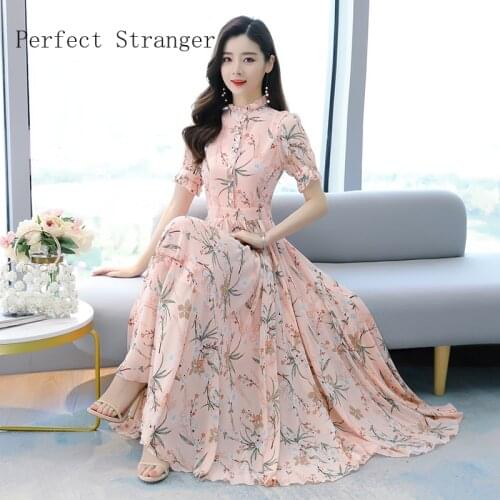 2021 Spring Summer New Arrival Hot Sale Flower Printed Stand Collar Short Sleeve Women Long Chiffon Dress Plus Size M-4XL