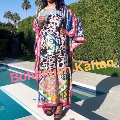 Africa Fashion Blogger Recommend Popular printed Silk Kaftan Maxi dresses Loose Summer Beach Bohemian kaftan long dress for lady