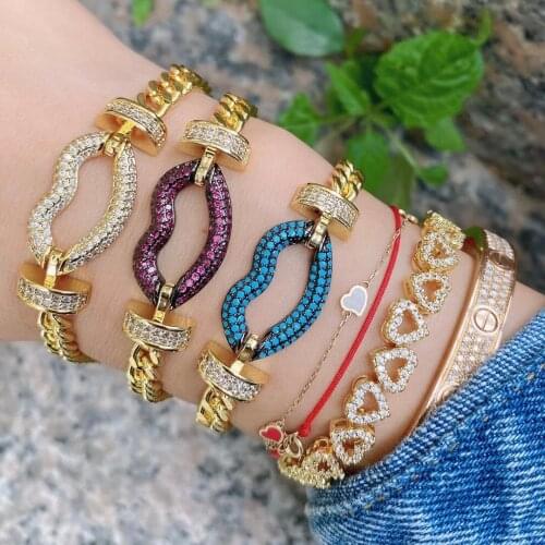5PCS, 2021 Gold Color Curb Link Chain Bracelet for Women Colorful CZ Lip Connector Charm Bracelet Jewelry
