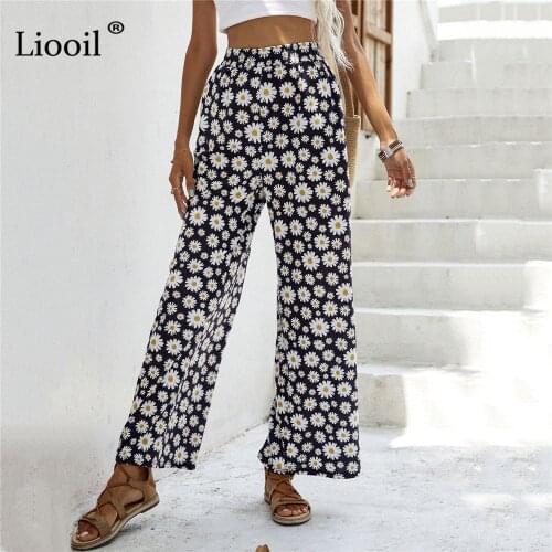 Liooil Floral Print Pants Summer Ladies High Waist Loose Long Trousers Women Baggy Casual Straight Leg Pants Vacation Bottoms