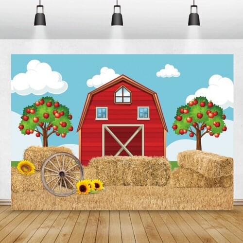 Baby Cartoon Farm Warehouse Haystacks Tree Blue Sky Cloudy Newborn Baby Shower Customized Poster Photo Background Photo Studio