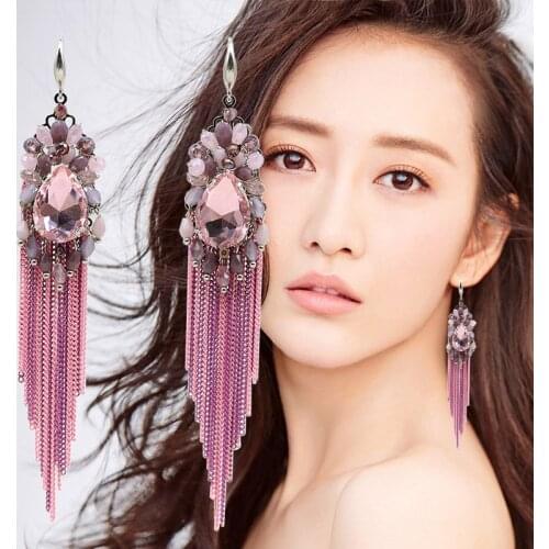 Designer handmade Crystal stone Metal Chain Long Tassel Earrings For Women luxury elegant Wedding Party 2020 Fashion Jewelry