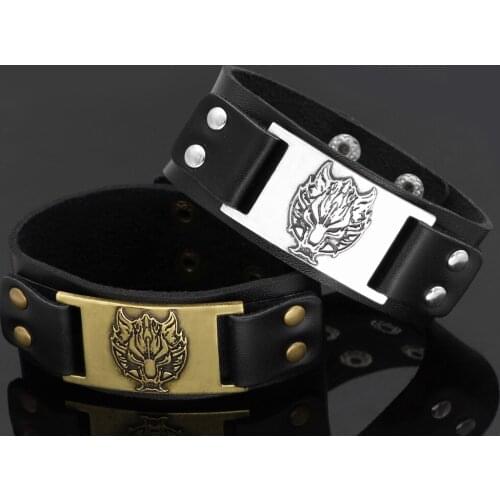Men viking wolf head leather amulet bracelet jewlery -fit 20CM- 25CM