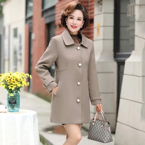Middle-Aged Mother Autumn Woolen Coat Women Casual Single-Breasted Mid-Length Trench Coat Female Spring Autumn Woolen Coat Q376