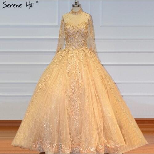 Dubai Luxury Gold Long Sleeves Wedding Dresses 2020 Vintage High Neck Beading Sequine Bride Gowns HA2221 Custom Made