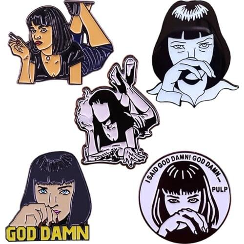 Mia Wallance Pulp Fiction Cosplay Character Enamel Brooch Pins Badge Lapel Pin Brooches Collar Jeans Jacket Fashion Jewelry