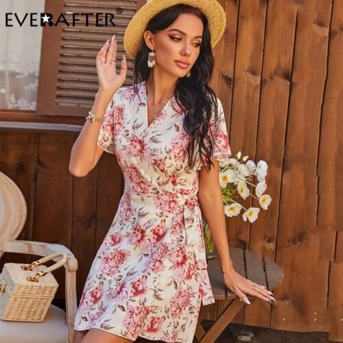 EVERAFTER Elegant V-neck Floral Print Wrap Women Dress 2021 Casual Summer High Waist Lace-up Female Sundress Fashion Mini Dress