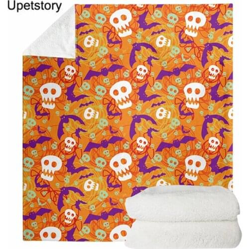 Upetstory Fleece Blankets and Throws for Sofa Halloween Skull Bat Print Large Size Sherpa Plush Blanket Travel/Home Warm Blanket