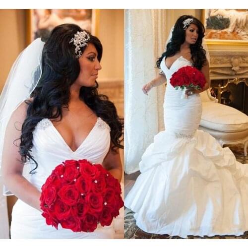 Fashion Plus Size African Sexy Mermaid Wedding Dresses Sweetheart Beaded Crystal Ruched Bridal Gowns