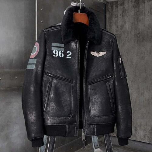 2020 New Shearling Coat Mens B6 Bomber Jacket Black Leather Jacket Short Fur Coat Natural Sheepskin Coat Winter Warm Jacket