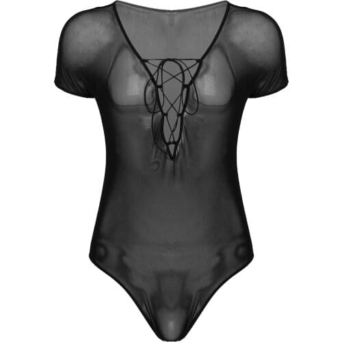 Mens Lingerie See-through Mesh Bodysuit Deep V Neck Sexy Nightwear Clubwear Crisscross Lace-up Front Short Sleeve Sheer Teddies