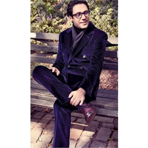 Latest Purple Velvet Double Breasted Men Suit For Wedding Custom Slim Fit Bridegroom Men Suits Causal Prom Groom Terno 2Pieces