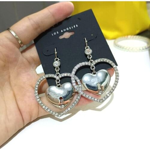 New Korean Shiny Heart Crystal Drop Earrings For Women Fashion Big Love Heart Boucle D'oreille Letter PartyJeweley Gift