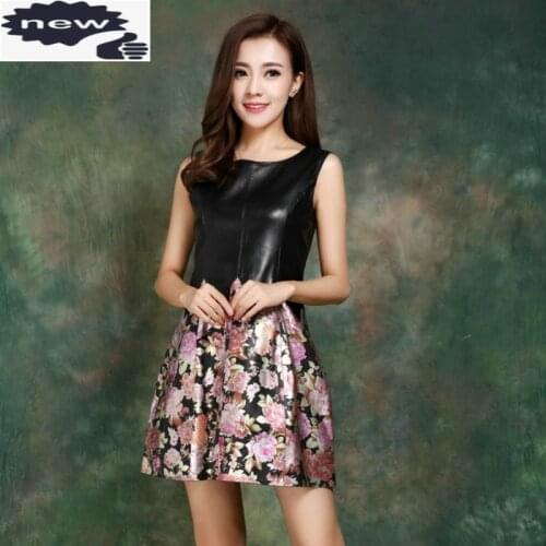 Spring New Dresses Women Sheepskin Genuine Leather Dress Fashion Princess OL Floral Printed Wedding Party Sleeveless Robe Femme