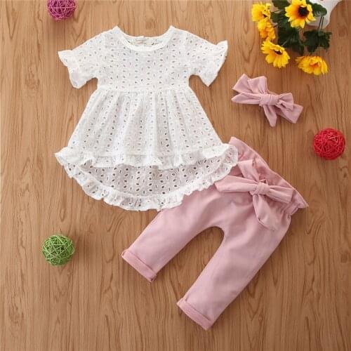 Newborn Girls Clothing 2Pcs Sets Hollow Out Top+Bow Belted Pants Solid Long Trousers Infant Fall Costume Toddler Causal Outfits