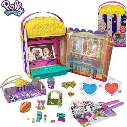 Original Polly Pocket Un-Box-It Popcorn Theater Party Toys for Girls Mini Polly Dolls Surprises Accessories Snack House Kids Toy